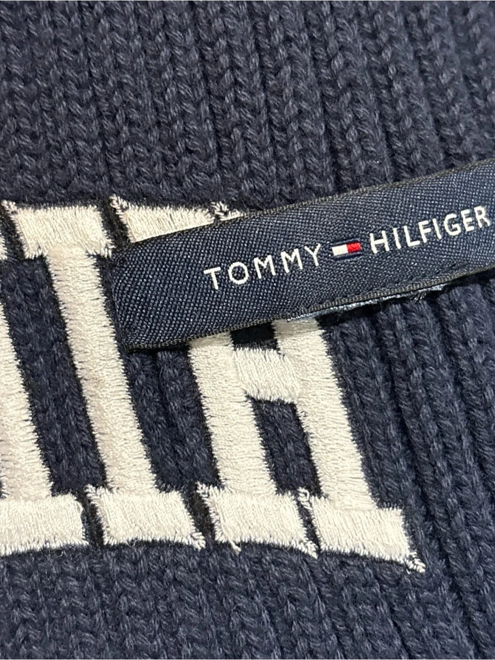 Tommy Hilfiger 90s Vintage Scarf Navy Ribbed Knit Preppy Embroidered Logo